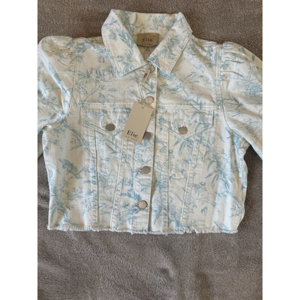 ELIE TAHARI Floral Denim Jacket Cropped Raw Hem White Blue Size M Cotton - Picture 5 of 16